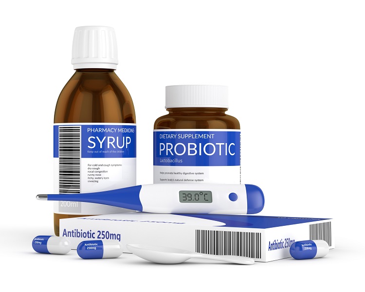 Botol dengan antibiotik, probiotik, termometer