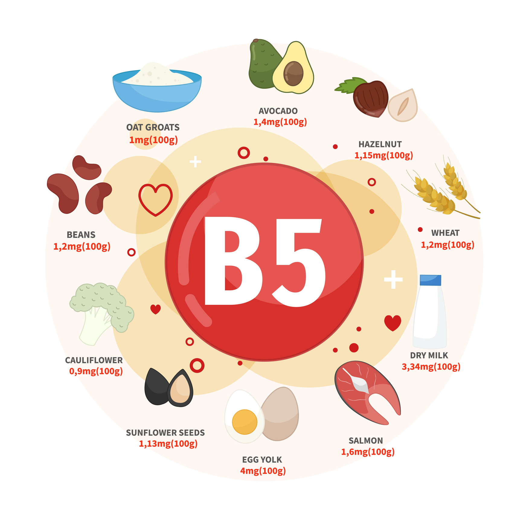 Sumber vitamin B5 terbaik termasuk alpukat, hazelnut, gandum, susu, salmon, telur, biji bunga matahari, kembang kol, kacang-kacangan, oatmeal. 